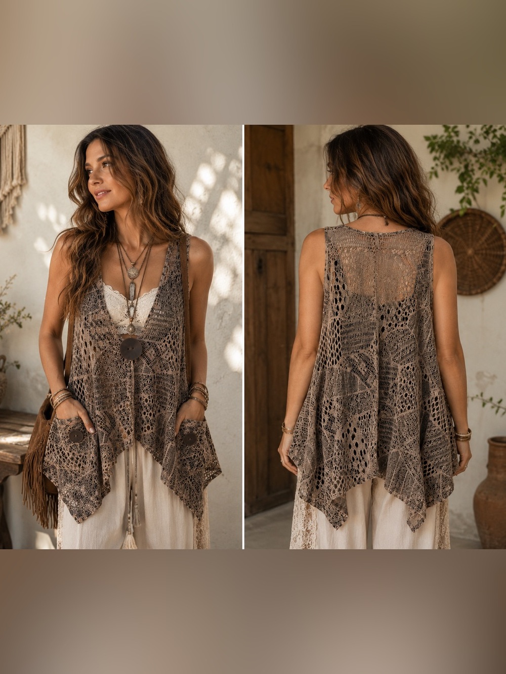 Red Coral Open-Knit Asymmetrical Tunic in Brown & Gray